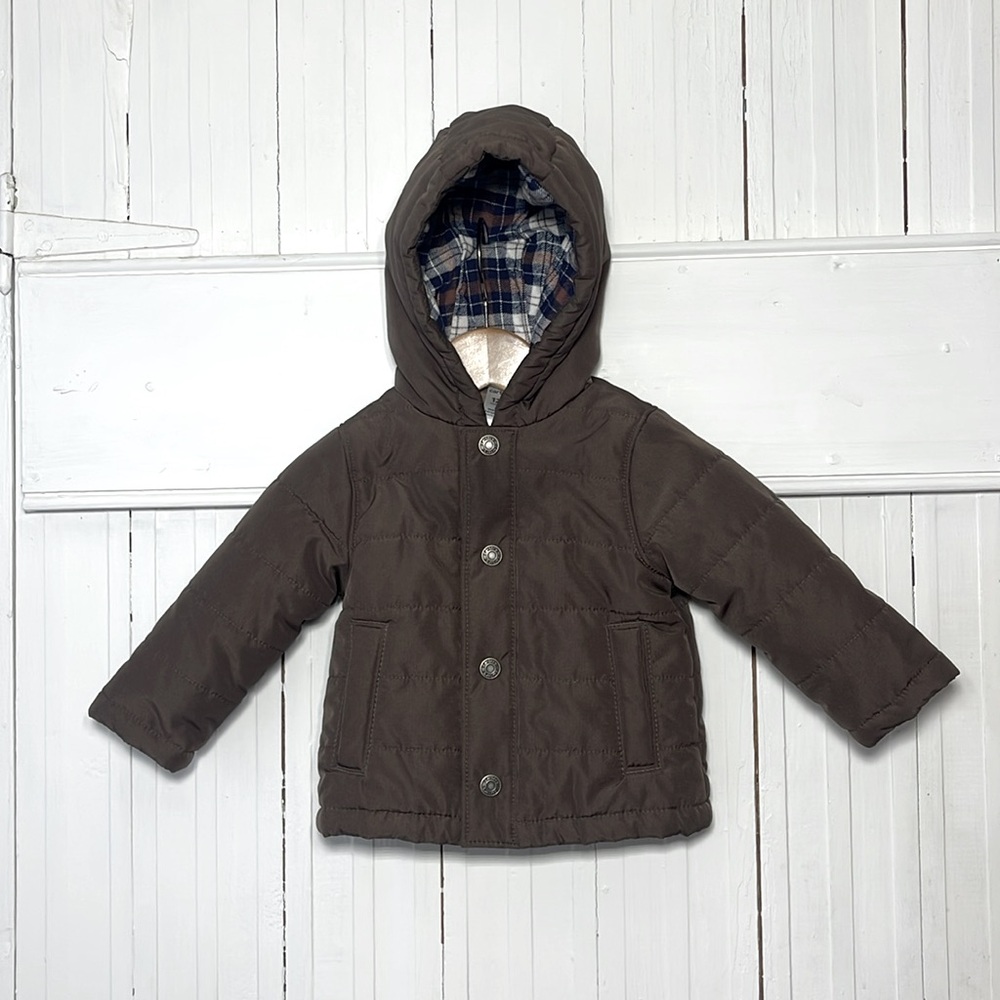 CARTERS EUC Boys Brown Flannel Lined Hood Puffer Jacket